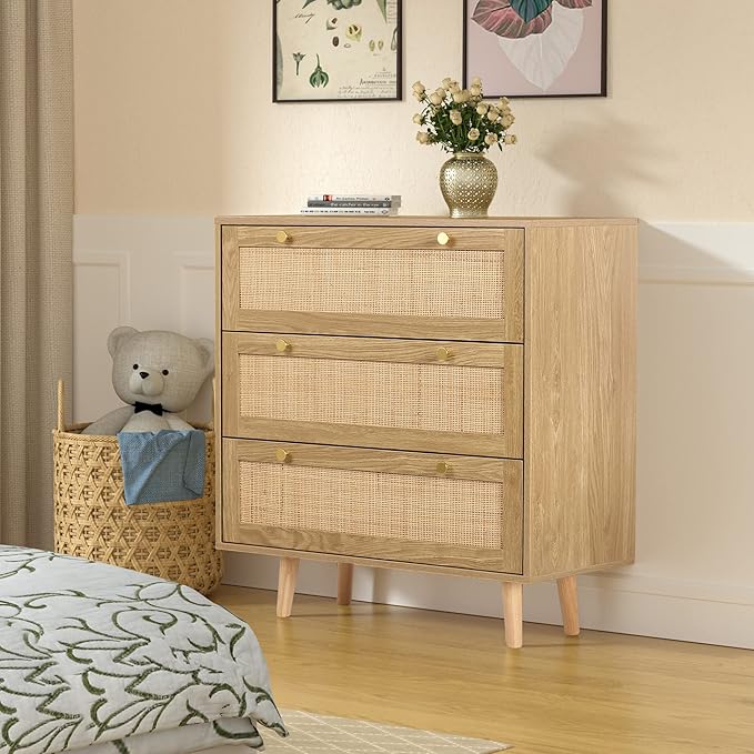 Anmytek 3 Drawer Dresser for Bedroom, Rattan Dresser Modern Wood Chest of Drawers with Spacious Storage for Bedroom Hallway Living Room, Rustic Oak, H0027