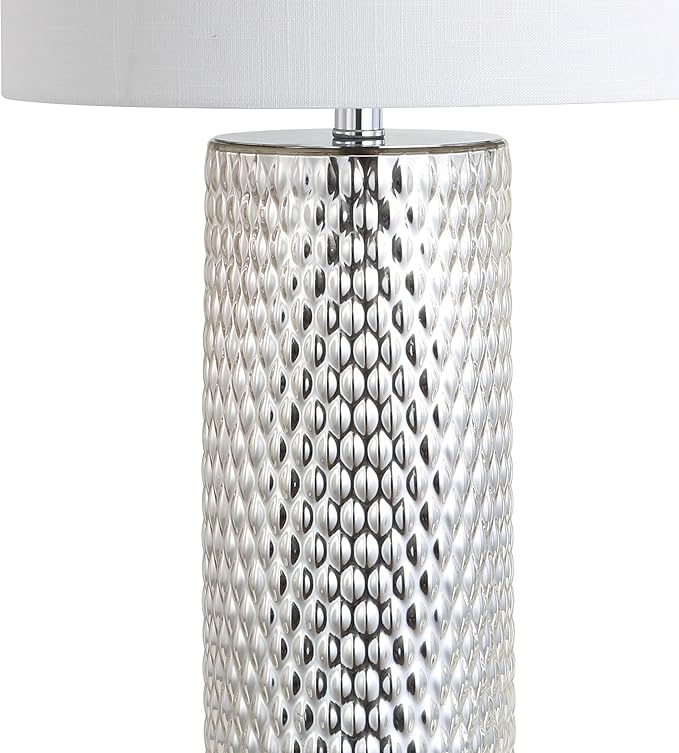 JONATHAN Y 30" Silver Isabella Studded Glass Table Lamp, Contemporary Glam Silver Leaf Base with White Linen Drum Shade for Bedroom Living Room, LED Bulb Included JYL1013A