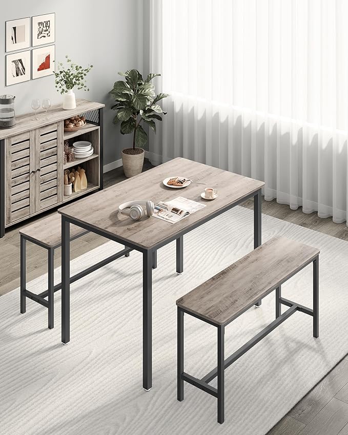 VASAGLE Dining Table Set for 4, Kitchen Table with 2 Benches, 43.3 x 27.6 x 29.5 Inches Dining Room Table, 38.2 x 11.8 x 19.7 Inches Bench, Heather Greige and Ink Black UKDT070B02