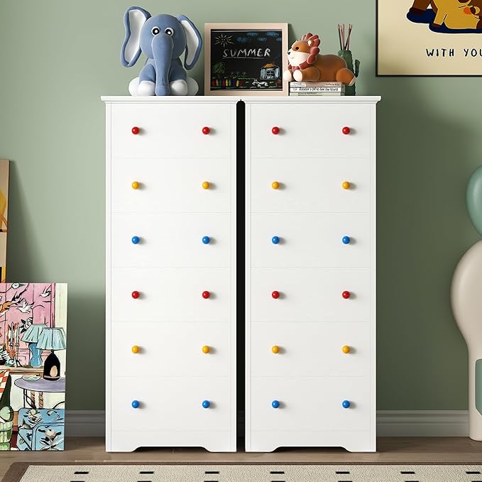 LIKIMIO Small Dresser Tall, 6 Drawer Tall Skinny Dresser with Colorful Handles, Chest of Drawers for Bedroom, 51.5" H Modern Wooden Floor Storage Cabinet with Metal Sliding Rail, White