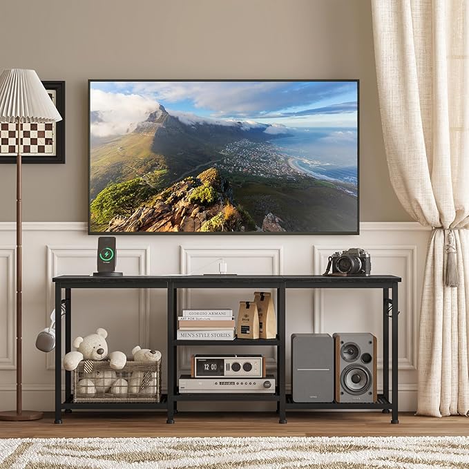 YGEOMER Entertainment Center for Up to 55 Inch TVs, TV Stand with Power Outlet and Open Storage Shelves, TV Media Console Table for Living Room and Bedroom, Black