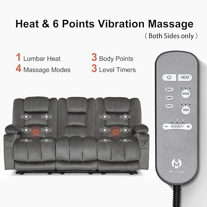 MCombo Zero Gravity Power Reclining Sofa with Heat and Vibration Massage, 3 Seater Reclining Couch with USB Ports, Cup Holders for Living Room, Fabric PR648SET (Grey)