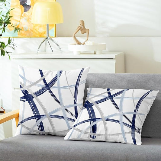 CaliTime Throw Pillow Cases Pack of 2 Cozy Fleece Arc-Shaped Abstract Geometric Lines Decorative Cushion Covers for Couch Bed Sofa Farmhouse Decoration 22 X 22 Inches Navy Baby Blue Grey