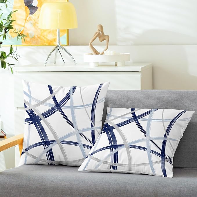 CaliTime Throw Pillow Cases Pack of 2 Cozy Fleece Arc-Shaped Abstract Geometric Lines Decorative Cushion Covers for Couch Bed Sofa Farmhouse Decoration 26 X 26 Inches Navy Baby Blue Grey