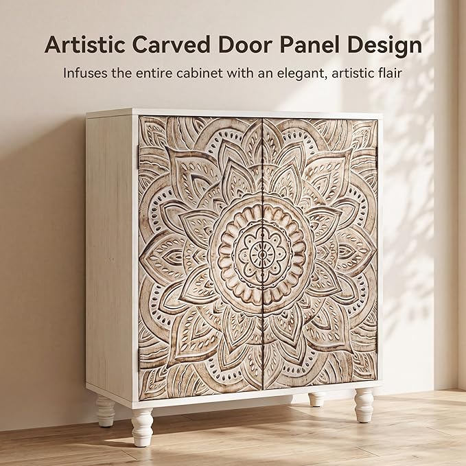 COSIEST Set of 2 32" Buffet Sideboard Cabinets with Storage, Accent Cabinet with Push-to-Open Doors, Vintage Lotus Carved Pinewood Doors, Entryway Console for Living Room, Kitchen, Hallway, Gray