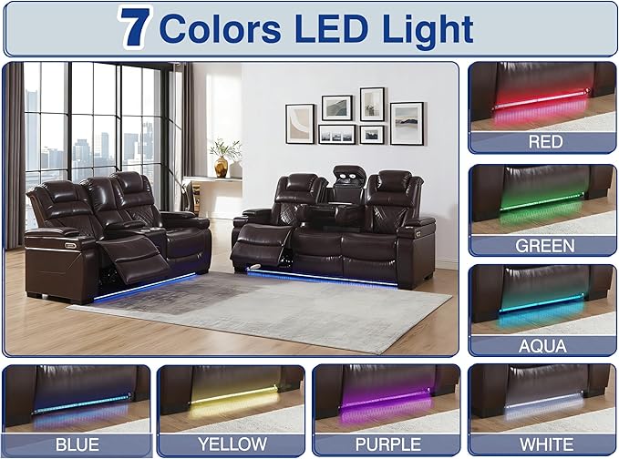 THSUPER Power Breathable Leather Reclining Sofa and Loveseat Set with 7-Color LED Light, Living Room Recliner Couch Set with Adjustable Headrest/Reading Light/USB Port/Bluetooth Speaker, Brown