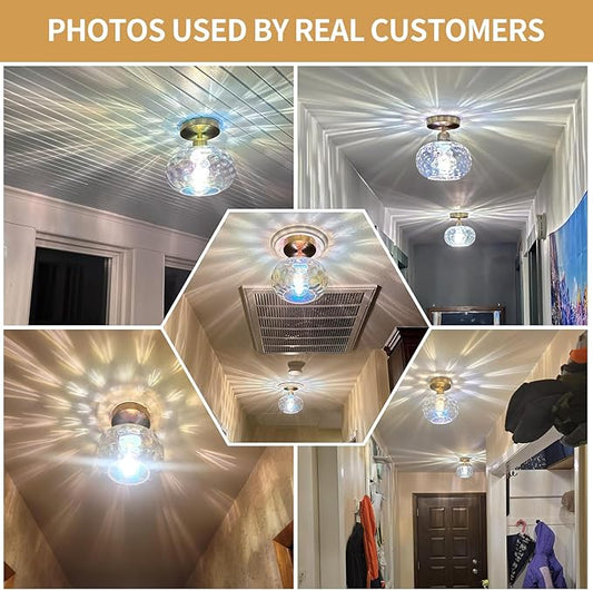 Vintage Glass Flush Mount Ceiling Light - 2 Pack，7.9 Inch Rainbow Hammered Glass Hallway Light fixtures Ceiling, Gold Semi Flush Mount Ceiling Light for entryway Foyer Laundry Room Kitchen