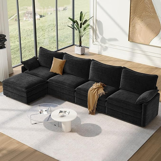 Vesgantti 142" Cloud Couch Sectional Modular Sofa, Comfy Sectional Couch with Ottoman Deep Seat Corduroy L Shaped Sofa, Modular Couches for Living Room, Bedroom and Apartment, Black | Sink-in Comfort, Height Adjustable, Easy Rearrangement, Extra-deep O...