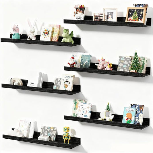 Wall Shelves for Living Room, Nursery Book Shelves Black Bathroom Shelves Over Toilet Floating Shelves for Wall, Modern Wood Storage for Bedroom, Kid's Room, Kitchen, 24inch, Set of 6
