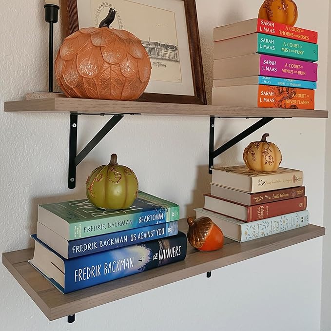 Kaboon 36 inch Long 10 inch Deep Floating Shelves for Wall Set of 2, Large Open Shelves Wall Mounted, Space Saving Home and Commercial Use, Oak/Grey Tone