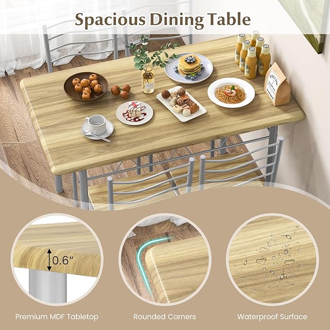 COSTWAY Kitchen Table Chairs Set of 4, 5 Piece Metal Rectangular Dinette Set w/Non-Slip Pad, Space-Saving Design, Modern Dining Room Table Set for Small Place Breakfast Nook Restaurant (Light-Walnut)