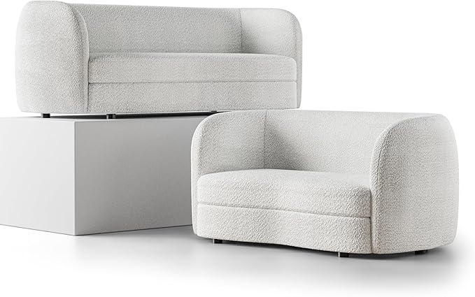 Furniture of America Nimiane Modern Boucle 2 Piece Sofa and Loveseat Set with Curved Arms and Wooden Legs, Accent Furniture Sets for Living Room, Home Office, Bedroom, Off-White