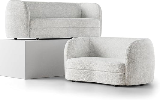 Furniture of America Nimiane Modern Boucle 2 Piece Sofa and Loveseat Set with Curved Arms and Wooden Legs, Accent Furniture Sets for Living Room, Home Office, Bedroom, Off-White