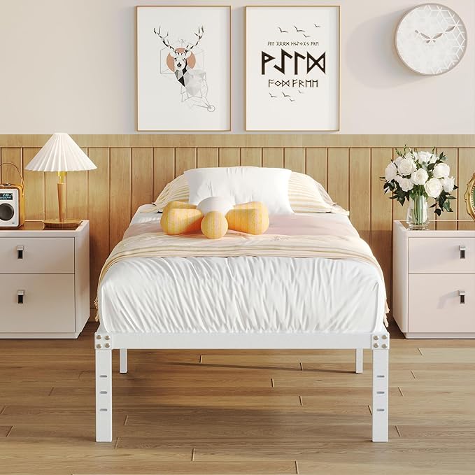 14 Inch Twin Bed Frames No Box Spring Needed, Heavy Duty Metal Twin Platform Bed Frame with Large Underbed Storage Space, Noise Free, Easy Assembly, White