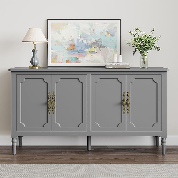 Sideboard with 4 Doors, Mid-Century Console Table with Adjustable Shelves, Accent Cabinet for Entryway, Living Room, Dining Room, Grey Wash-1