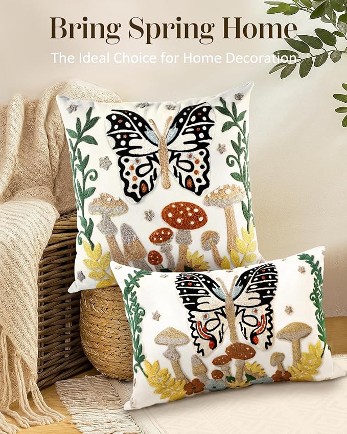 Embroidered Lumbar Pillow Cover - 20x12 Decorative Pillow Cover with Zipper Aesthetic Cute Design Boho Spring Summer Throw Pillowcase for Living Room Couch Sofa Bed, Butterfly Moon
