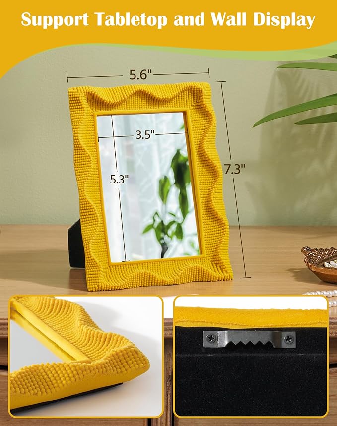 Decorative Wall Mirror for Small Apartment Decor Aesthetic, with Soft Velvet-Like Touch, 7.5x5.7 Cute Bedroom Mirror with Stand for Table Gallery Wall Art, Modern Room Decor (Yellow-Orange)