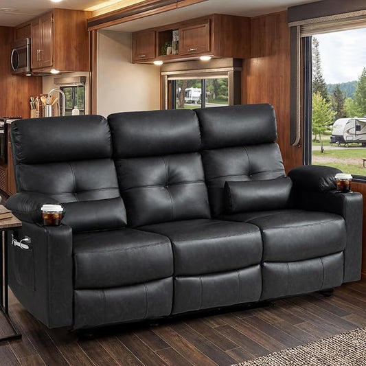 Power Reclining Sofa with Heat and Massage| RV Wall Hugger Recliner Sofa with Electric Tilt | RV 3 Seater Recliner Sofa for Living Room(Sofa Black) | 3 seater
