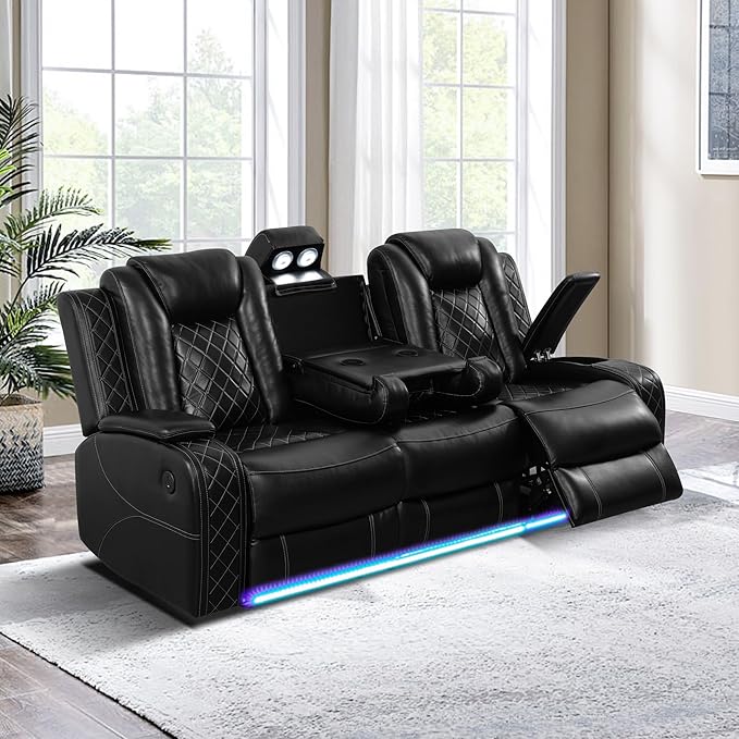 Breathing Leather Power Reclining Sofa, Living Room Furniture with 2 Recliners, 3 Seater Leather Couch with Flip-Down Table/USB Charging for Office/Home Theater (Black, 3-Seat Sofa)