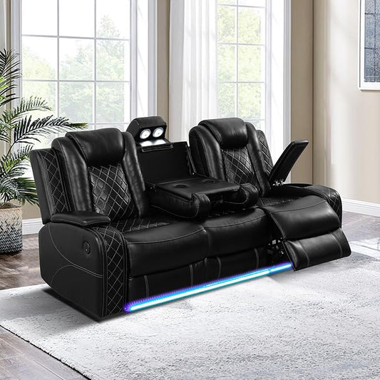 Breathing Leather Power Reclining Sofa, Living Room Furniture with 2 Recliners, 3 Seater Leather Couch with Flip-Down Table/USB Charging for Office/Home Theater (Black, 3-Seat Sofa)