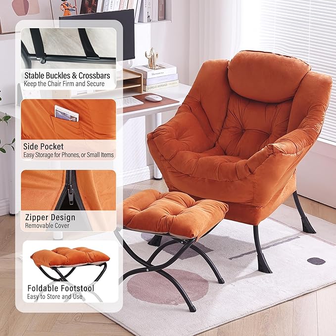 Lazy Chair with Ottoman, Modern Chair with Folding Footrest, Velvet Orange Accent Chair, Comfortable Reading Chair, Oversized Armchairs for Bedroom, Study, Living Room, Courtyard