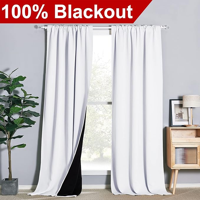 NICETOWN Full Shading Curtains for Windows, Super Heavy-Duty Black Lined Blackout Drapes with Rod Pocket & Back Tab for Bedroom, Privacy Assured Window Treatment (White, Pack of 2, 52" W x 108" L)