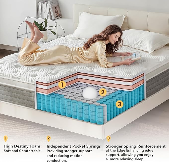 Queen Mattress, 14 Inch Queen Mattress for Medium Firm, Individual Pocketed Springs for Pressure Relief & Low Motion Transfer, CertiPUR-US Certified