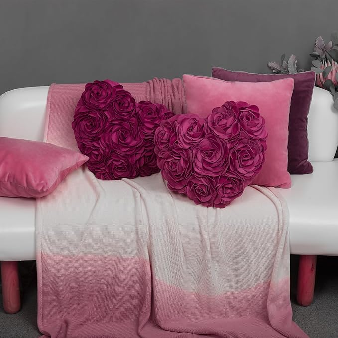 JWH Heart Flower Throw Pillow Covers Decorative Floral Shaped Accent Cushion Soft Pillowcase for Sofa Couch Living Room Bed Chair 14x16 Inches Purple Red
