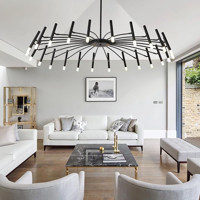 NILSE 24-Light Black LED Modern Chandelier, 53 Inch Extra Large Contemporary Chandeliers with G9 Bulbs, Mid Century Farmhouse Light Fixture for Living Room Foyer Dining Room Bedroom