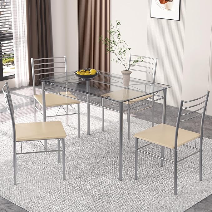 VECELO 5 Piece Dining Table and Chairs Set for 4, Glass Tabletop, Small Space, Silver