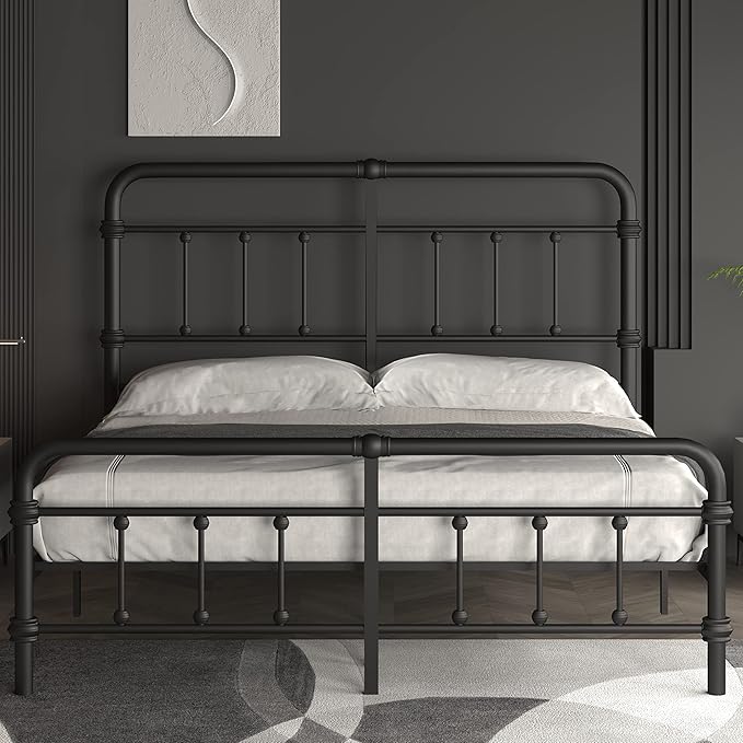 California-King-Bed-Frame-Metal-Platform Bed Frame with 49" High-Headboard - Solid Quite Easy Set Up Mattress Foundation No Box Spring Needed