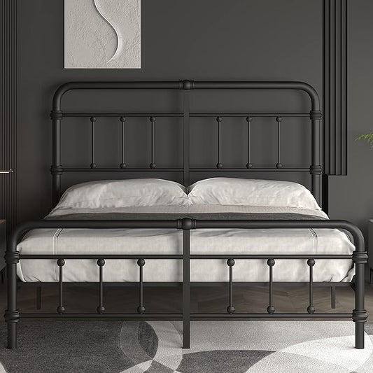California-King-Bed-Frame-Metal-Platform Bed Frame with 49" High-Headboard - Solid Quite Easy Set Up Mattress Foundation No Box Spring Needed