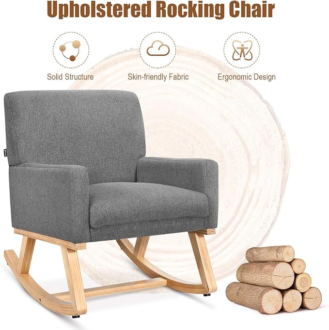 Giantex Upholstered Rocking Chair with Fabric Padded Seat and Solid Wood Base, Comfortable Rocker for Living Room, Bedroom, Study Room, Office Rocking Armchair (Gray)