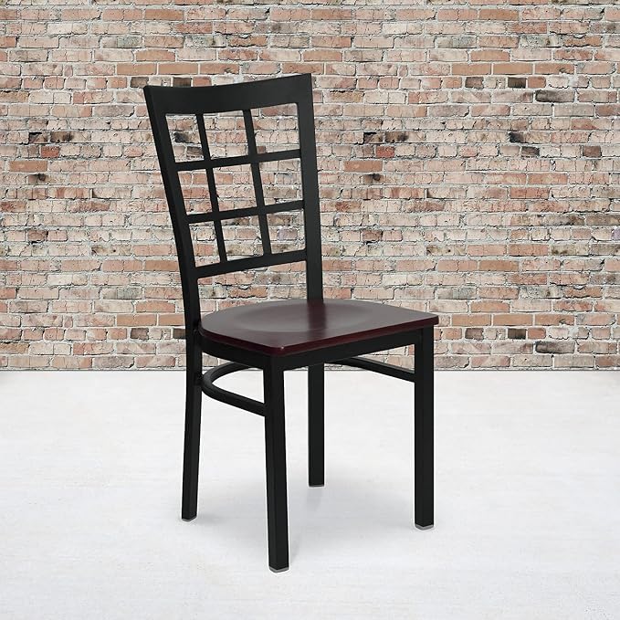 Flash Furniture 2 Pk. HERCULES Series Black Window Back Metal Restaurant Chair - Mahogany Wood Seat