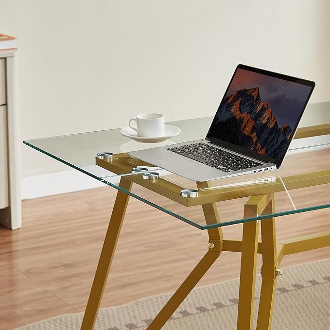 KEIKI 70.9 in Rectangular Glass Dining Table, Suitable for 1-8 People, Modern Style Home Kitchen Dining Table, Equipped with Sturdy Metal Table Legs for Dining Room, Living Rooms, Offices, Gold
