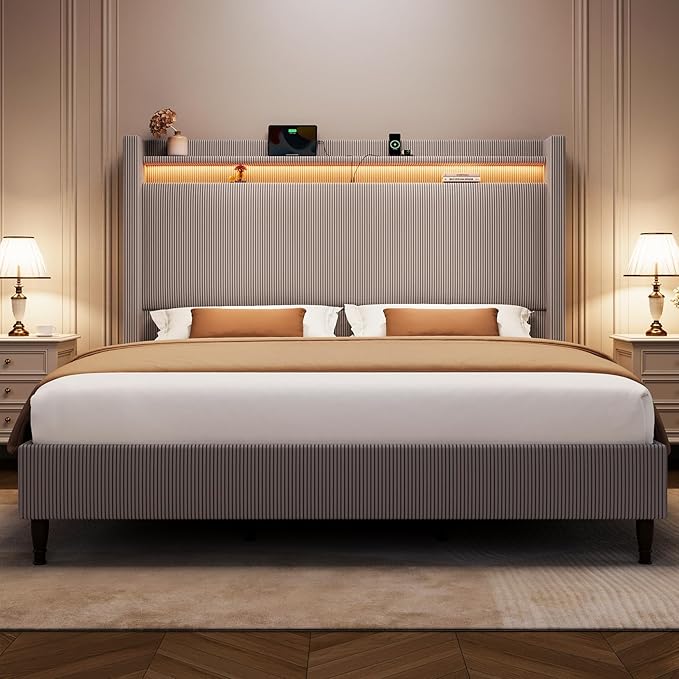 King Bed Frame with 55.3" Tall Headboard, Corduroy Upholstered Platform Bed with LED Lights & Charging Station, Wingback Storage Headboard, Solid Wood Slats,Noise Free,No Box Spring Needed,Gray Brown