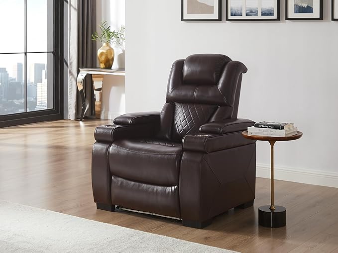 THSUPER Power Breathable Leather Reclining Chair with 7-Color LED Light, Living Room Recliner Chair with Adjustable Headrest/USB Port/Cup Holder/Storage Arm for Living Room, Brown