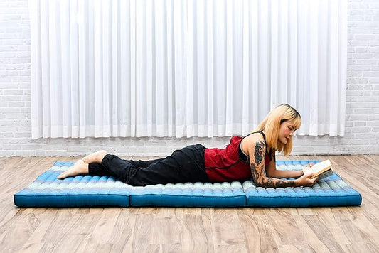 Leewadee Trifold Mattress XL – Comfortable Thai Massage Pad, Foldable Relaxation Floor Mattress Filled with Kapok, Perfect to Use as a Sleeping Mat 79 x 39 inches, Light Blue