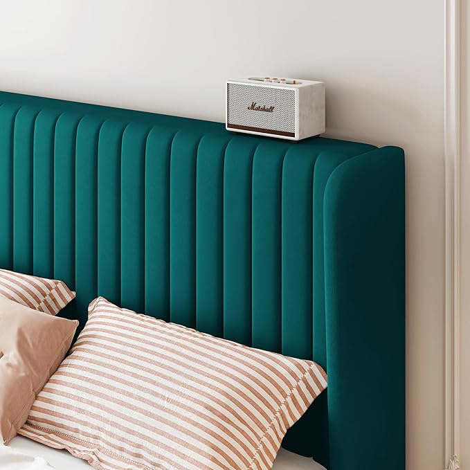 SHA CERLIN Queen Size Velvet Bed Frame with Vertical Channel Tufted Wingback Headboard, Upholstered Platform Bed with Wood Slats, No Box Spring Needed, Easy Assembly, Teal