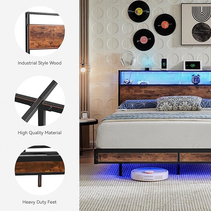 BedsPick Queen Bed Frame with 2-Tier Storage Headboard, Metal Platform Queen Size Bed Frame with Smart LED Lights & USB Charging Station, Noise-Free/Metal Support/No Box Spring Needed, Brown