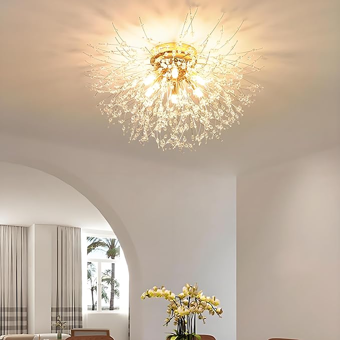 Crystal Flush Mount Ceiling Light Gold Modern Sputnik Firework Close to Ceiling Lamp LED Flower Ceiling Light Fixtures for Living Room Bedroom Kitchen Island Entryway Hallway Foyer 9 G9 Bulbs Included