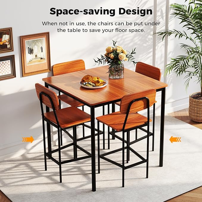GOFLAME 5-Piece Dining Table Set for Small Space, Kitchen Table and Chairs Set for 4 with Steel Frame, Square Breakfast Table Set, Industrial Counter Height Table Set for Home Restaurant, Walnut