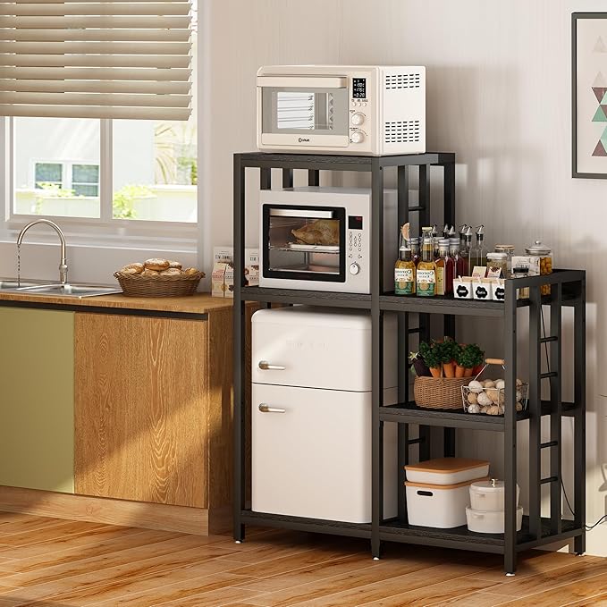 6-Tier Adjustable Mini Fridge Cabinet With Power Outlet,Kitchen Bakers Rack With storage,Mini Fridge And Microwave Stand,Coffee Bar, Free Standing Shelf for Kitchen, Home Office,Balcony,Black