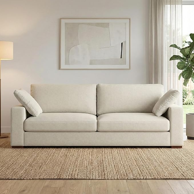 SIMPLIHOME Charlie Sofa in 100% Recycled Polyester Tightly Woven Performance Fabric, Cream, 96-inches Wide, Handcrafted Contemporary Style Sofa for Living Room or Couch for Family Room