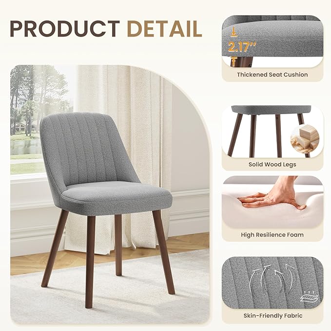 Upholstered Dining Chairs Set of 2, Modern Fabric Kitchen Chairs with Back, Wood Legs for Kitchen Dining Room Restaurant, Grey