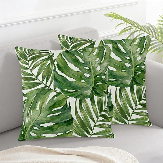 Summer Tropical Pillow Covers 20x20 Set of 2 Green Palm Leaf Decorative Throw Pillows Case Monstera Botanical Leaves Tropical Outdoor Cushion Cover for Sofa Couch Garden Home Decor