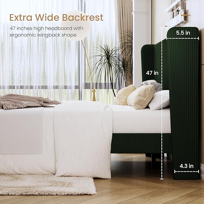 SHA CERLIN Full Size Corduroy Upholstered Platform Bed Frame with Vertical Channel Tufted Wingback Headboard, 8" Under Bed Storage, Wooden Slats & Metal Frame Support, Easy Assembly, Dark Green
