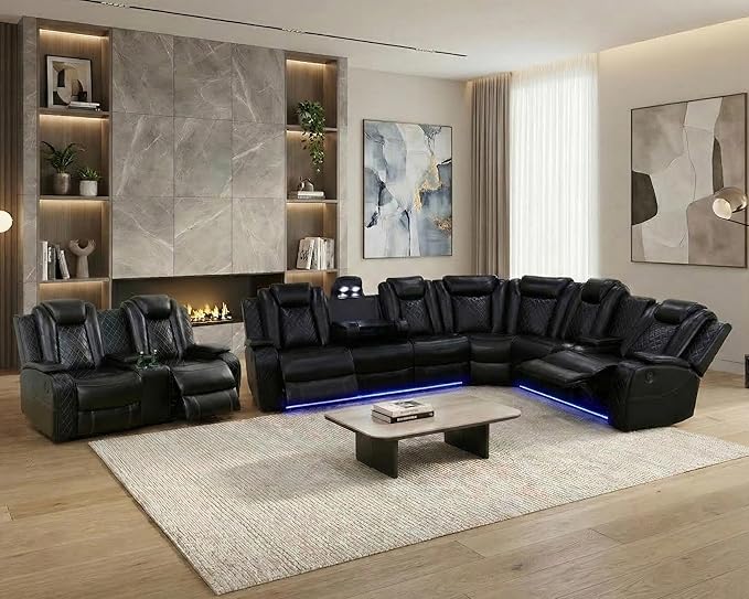 Power Recliner Sectional Sofa with LED, Breathing Leather Reclining Sectional Couch, L Shaped Couch with Dual Recliners, USB Port, Cup Holder&Storage (Black, Sectional+Loveseat(8 Seats))