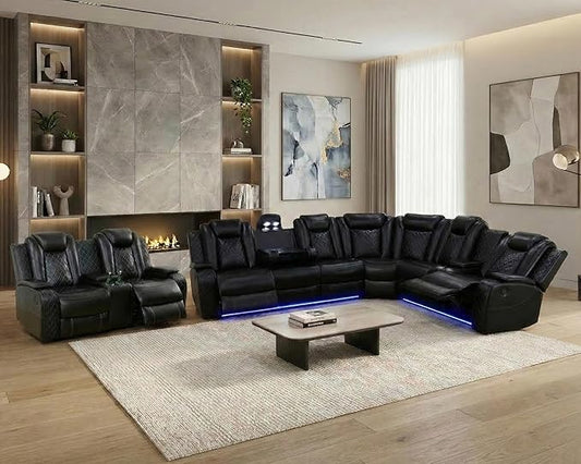 Power Recliner Sectional Sofa with LED, Breathing Leather Reclining Sectional Couch, L Shaped Couch with Dual Recliners, USB Port, Cup Holder&Storage (Black, Sectional+Loveseat(8 Seats))