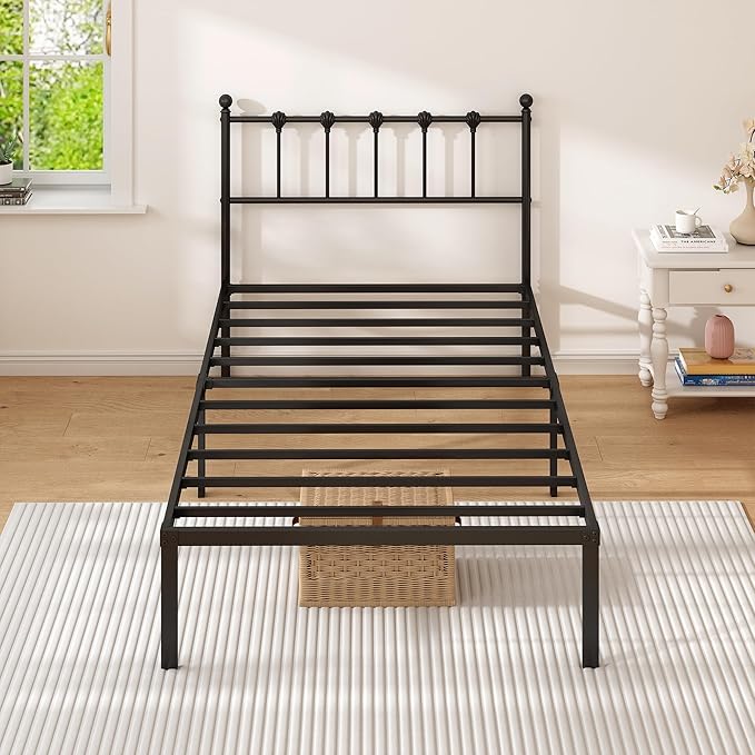 Twin Size Bed Frame with Modern Headboard, Metal Platform Bed Base with Strong Support, No Box Spring Needed, Easy Assembly, Noise Free，Black